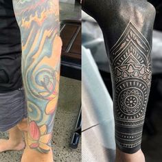 two different tattoos are shown on the legs