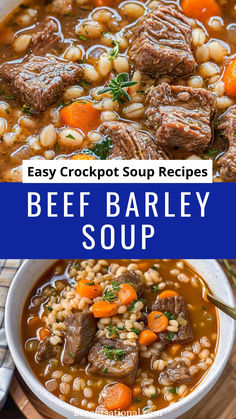 Beef Barley Soup - This wholesome Barley Soup with tender beef is the ultimate comfort food! Cooked low and slow, it’s one of the best Easy Slow Cooker Recipes to warm you up. Save this pin for a flavorful and effortless Crockpot Soup your family will love! Neck Bone Soup Recipe, Crockpot Beef Barley Soup, Beef Soup Bones, Thanksgiving Crockpot Recipes, Easy Crockpot Soup, Crock Pot Inspired Beef Recipes, Cooking With Ground Beef, Crockpot Soup, Beef Barley