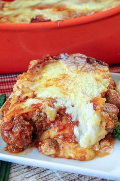 a casserole dish with meat, cheese and broccoli on a plate