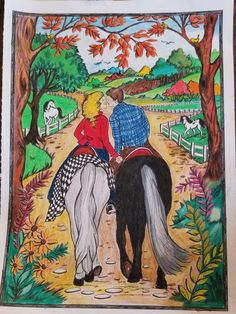 a drawing of two people riding horses on a dirt road with trees and grass in the background