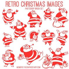 christmas images with santa clauss and other cartoon characters in red, white and black