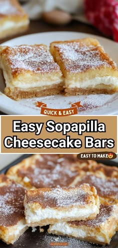 easy sopapilla cheesecake bars on a plate with the title overlay