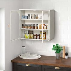 a kitchen cabinet with spice and condiments on it