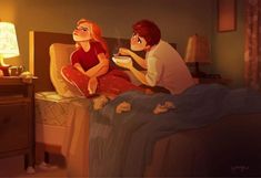 two people sitting on a bed talking on their cell phones in a bedroom at night