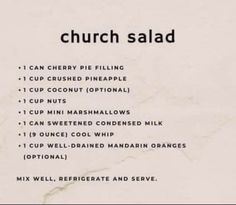 a menu listing the ingredients for a church salad