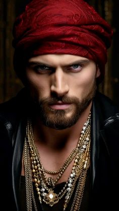 a man with a red turban and gold chains on his head is looking at the camera