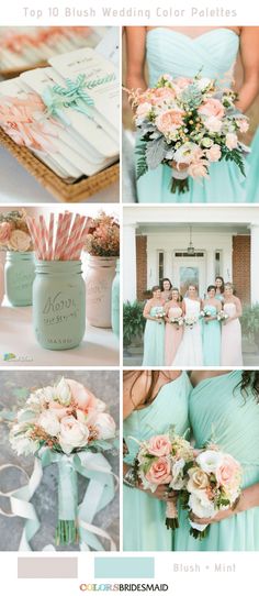 the bridesmaids are dressed in mint green dresses and bouquets with pink flowers