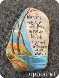 a painted rock with the words, when one hugs at a single thing in nature he finds it attached to the rest of the world