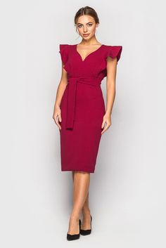 A beautiful dress featuring midi length, frill sleeves and a matching fabric belt. - v-neckline - pencil silhouette - midi length - short frilled sleeves - matching fabric belt - concealed back zipper closure - fully lined Outer fabric:40% viscose, 55% polyester and 5% elastane Lining: 67% viscose, 25% polyester and 8% elastane. Color - dark red Please choose from our measurements chart your dress size, or write us your body measurements, we then select the right size for you. V-neck Belted Midi Dress For Office, Formal Summer V-neck Belted Dress, V-neck Midi Dress With Ruffles For Formal Occasions, Elegant V-neck Belted Dress For Evening, Elegant Fitted Belted V-neck Dress, Belted V-neck Midi Dress, Belted Midi Dress For Party, Elegant Knee-length Belted Party Dress, Chic Red V-neck Midi Dress