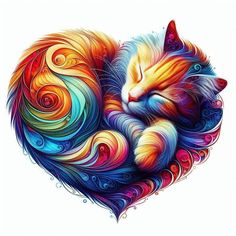 a colorful cat curled up in the shape of a heart