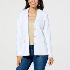 Jaclyn Smith Stretch Linen Blazer  Show you mean business in this timeless blazer design from Jaclyn Smith. With a three-button closure, shoulder pad detail, and a sharp notched collar that creates a tailored appearance, this jacket is a classic. This one was made in an easy stretch linen blend that keeps you cool and casual so you can look sharp all day long (think: minimal wrinkling). Casual Single-breasted Career Blazer, Casual Button-up Career Blazer, Casual Button-up Blazer For Career, Casual Career Blazer With Button Closure, Office Button-up Blazer With Snap Buttons, Office Blazer With Snap Buttons, Business Casual Snap Button Blazer, White Blazer With Snap Buttons For Work, Business Casual Blazer With Lapel Collar And Snap Buttons