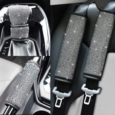 the front and back seats of a car with silver diamond trims on them,