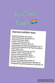 a purple poster with the words save the date on it and an image of a rainbow flag