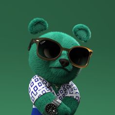 a green teddy bear with sunglasses and a watch on it's arm, standing in front of a green background