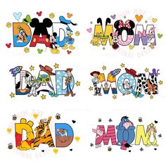 the word dad is made up of cartoon characters and their names in different colors, shapes, and sizes