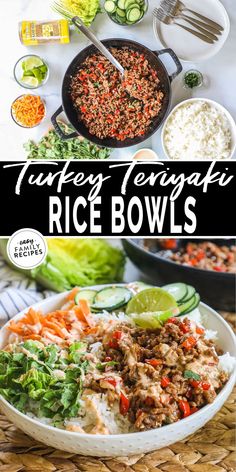 turkey teriya rice bowls with vegetables in the background and text overlay that reads turkey teriya rice bowls