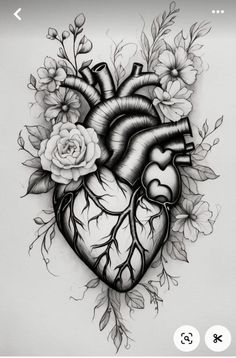 a drawing of a heart with flowers and leaves on the side, in black and white