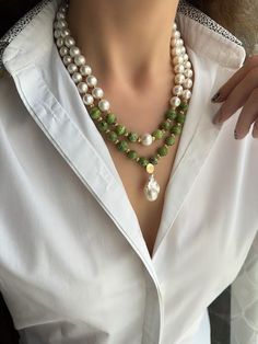 Luxury Jade Beaded Necklaces, Cheap Polished Bead Jade Necklaces, Elegant Green Pearl Necklace With Natural Stones, Green Pearl Beaded Necklace With Natural Stones, Green Beaded Necklaces With Pearls And Natural Stones, Green Pearl Pendant Jewelry With Round Beads, Green Gemstone Necklace, Jade Bead Necklace, Lapis Lazuli Necklace