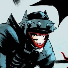 a cartoon character wearing a batman costume with his mouth open and tongue out, standing in front of a red demon