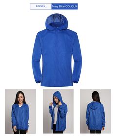 Workout Series UV Jacket Functional Solid Raincoat With Long Sleeves, Functional Long Sleeve Raincoat, Functional Long Sleeve Solid Raincoat, Blue Windproof Long Sleeve Hooded Jacket, Functional Blue Hooded Jacket, Blue Long Sleeve Outerwear For Outdoor Activities, Functional Blue Track Jacket, Blue Functional Track Jacket, Blue Windbreaker With Pockets For Outdoor