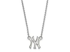 Rhodium over sterling silver polished MLB licensed New York Yankees letters "N-Y" small pendant necklace from LogoArt. Cable chain measures approximately 18"L x 1/16"W, pendant measures 1/2"L x 7/16"W. Completes with a lobster clasp. Small Pendant Necklace, Small Pendant, New York Yankees, Cable Chain, Lobster Clasp, Mlb, Cable, Pendant Necklace, New York