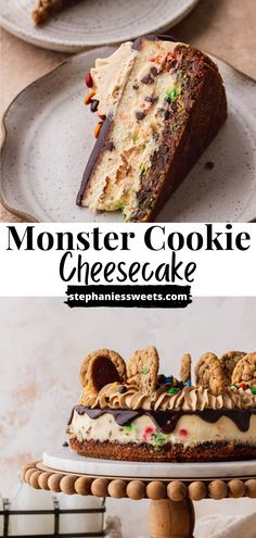 two pictures with the words monster cookie cheesecake on them and an image of a piece of cake