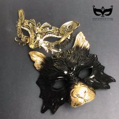 Wolf and Fox couples masquerade mask pair in black and gold. Thank you for supporting small businesses and hope our products bring you and loved ones some joy and humor in these trying times.    I N C L U D E D Masks come with matching double sided satin ribbons attached. S I Z E  Adult size. Detailed dimensions available upon request. C U S T O M I Z A T I O N If you would like to color & embellish the mask to match your costume/dress, choose custom color and get in touch, we love to work on cu Animal Masks Masquerade, Couples Masquerade Masks, Gold Masquerade Mask, Wolf Black, Metal Mask, Complicated Love, Fox And Rabbit, Masquerade Masks, Children's Mask