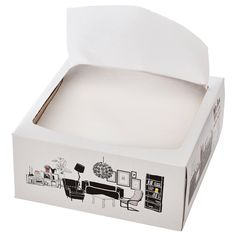 a white box with a drawing of a living room on it