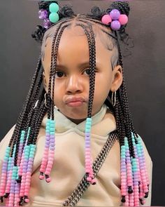 Toddler Braided Hairstyles Girl Black, Braids For Lil Girls Black, Little Mixed Girl Hairstyles Braids With Beads, Girls Beaded Hairstyles, Kids Braided Ponytail With Beads, Cute Hairstyles For Black Girls Kids, Toddler Black Girls Hairstyles Braids, Kids Birthday Hairstyles