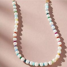 Offers Welcome This Anthropologie Beaded Rainbow Pearl Necklace Is Made Of White Glass Pearls With Different Color Rainbow Seed Beads In Between The Pearls. Necklace Closes With A Gold Lobster Clasp Closure. Necklace Length Is 16" With Extender So You Can Make It Longer Or Shorter. Pearl Size Approximately 6mm. Neckmess Ideas, Beaded Rainbow, Blue Turquoise Necklace, Bead Creations, Rainbow Pearl, Stone Choker, Rainbow Jewelry, Fun Jewelry, Stone Beaded Necklace