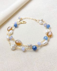 Gold Layered Blue Gemstone and Pearl Bracelet - Marshcreekjewelry Crystal Bracelets Diy, Jewels Diy, Double Bracelet, Pearl Bracelet Gold, Layered Bracelet, Handmade Jewelry Tutorials, Silver Jewelry Necklace, Nature Inspired Jewelry, Blue Lace Agate