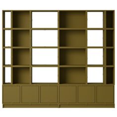 an open bookcase with four drawers and three doors on the front, side by side