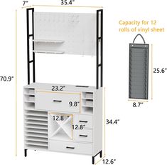 an image of a white shelf with drawers and shelves on it's side, measurements for