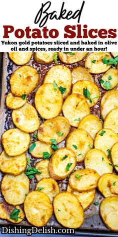 baked potato slices on a baking sheet with parsley sprinkled on top and text overlay that reads baked potato slices