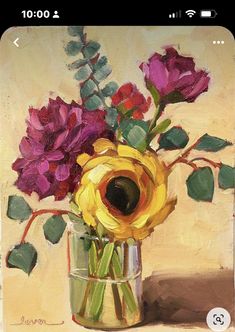 an oil painting of flowers in a vase