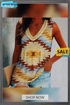 Women's Tank Top Yellow Red Blue Geometric Print Sleeveless Daily Weekend Ethnic V Neck Regular Geometric Painting S Casual Multicolor Print Sleeveless Tank Top, Summer Multicolor Graphic Print Tank Top, Multicolor V-neck Tank Top, Sleeveless Multicolor Graphic Print T-shirt, Multicolor Printed V-neck Tank Top, Geometric Painting, Color Pick, Geometric Print, Tank Tops Women