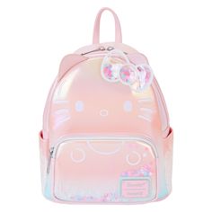 Celebrate the 50th anniversary of Hello Kitty with this Clear and Cute mini backpack featuring an iridescent Hello Kitty design with heart-confetti filled bow and front pocket. Cosplay Backpack, Loungefly Hello Kitty, Hello Kitty Merchandise, Cute Mini Backpacks, Charmmy Kitty, Colorful Confetti, Mini Mochila, Hello Kitty Accessories, Pink Iridescent