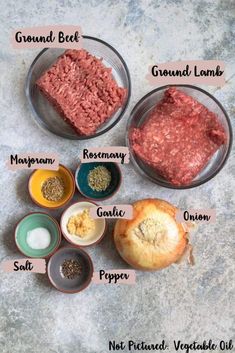 the ingredients for ground beef are shown in separate bowls on a gray surface with white writing