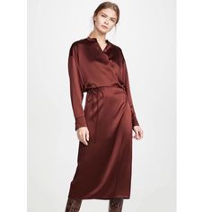 New With Tags. 100%Silk Chic Long Sleeve Silk Dress For Fall, Formal Silk Dress For Fall, Silk Long Sleeve Midi Dress For Dinner, Chic Burgundy Satin Dress, Chic Fall Silk Midi Dress, Chic Silk Dress For Fall, Silk Long Sleeve Midi Dress For Date Night, Silk Midi Dress For Cocktail Occasions In Fall, Red Silk Midi Dress For Dinner