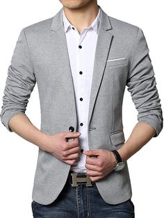 DAVID.ANN Men's Casual Fit One Button Center Vent Blazer Jacket,Grey #3625,Small at Amazon Men’s Clothing store Cotton Blazer Outfit, Gray Blazer Outfit, Smart Casual Blazer, Casual Suits Men, Business Casual Suit, Formal Blazer, Blazer Casual, Slim Fit Blazer, Man Blazer