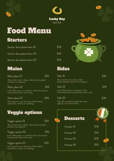 a green menu with gold coins in a pot and shamrocks on the side,