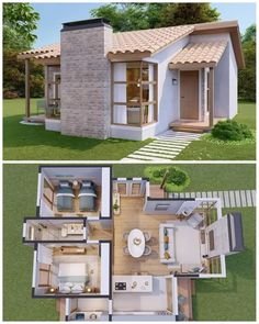 two pictures of small houses in the grass and one has an open floor plan, while the