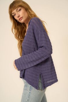 Lusting after: light, textured layers.Our Capistrano Collared Pullover is channeling allll of the coastal grandma vibes that we're obsessed with. This sweater knit fabric has a visually interesting texture, with a light mineral wash on top. The overall fit is relaxed, with a collared neckline, drop shoulders, and wide sleeves. Pair with denim shorts or throw on over a bikini on your next vacay. 62% Polyester33% Cotton5% Spandex Care Instructions:Machine wash cold. Wash inside out with similar co Comfy Soft-washed Cotton Sweater, Cozy Long Sleeve Soft-washed Sweater, Relaxed Fit Soft-washed Cotton Sweater, Purple Relaxed Fit Long Sleeve Sweater, Comfortable Soft-washed Long Sleeve Sweater, Grandma Vibes, Textured Layers, Coastal Grandma, Wide Sleeves