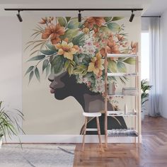 a woman with flowers on her head wall mural