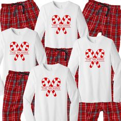 Personalized Candy Cane Pajamas - Sold Individually Includes 1 tee and flannel with the candy cane logo and name in inside. Make selections from the drop-down menu. Add as many to your cart as you like. Perfect for a cozy warm holiday weekend or fun family ski trip. These pajamas are unisex. * 100% Cotton Flannel Bottoms and Luxe Cotton Tee * Wash Cold, Tumble Dry Low * Set Long Sleeve Jammie T-Shirt with Candy Cane design and matching flannels * Unisex Sizing provides comfortable fit for all * Candy Cane Christmas Pajamas, Pajamas Cricut, Casual Christmas Sleep Sets, Casual Christmas Sleepwear Sets, White Crew Neck Set For Winter, Family Matching Christmas Sleep Sets, Family Matching Christmas Sleepwear Sets, Family Matching Christmas Bedtime Sets, Red Matching Sleepwear For Holidays