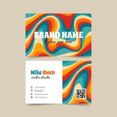 a colorful business card with an abstract swirl design on the front and back, along with a qr code