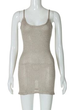 This elegant dress features a knit fabric with spaghetti straps and a sleeveless, see-through hollow design at the back. The backless style adds a touch of allure to the slim and sophisticated silhouette, making it perfect for events or special occasions. Details: Elasticity: High Stretch Fabric Type: Knitting Silhouette: STRAIGHT Neckline: slash neck Material: POLYESTER Material: SPANDEX Material: Knitting Size (IN) Bust Waist Hip Length S 27.95-34.65 23.23-27.56 29.53-36.22 25.98 M 29.53-36.22 Chic Seamless Mini Dress For Party, Elegant Seamless Mini Dress For Party, Elegant Seamless Party Mini Dress, Elegant Seamless Bodycon Summer Dress, Elegant Seamless Mini Dress For Spring, Elegant Stretch Summer Slip Dress, Elegant Summer Stretch Slip Dress, Elegant Stretch Slip Dress For Summer, Elegant Seamless Summer Slip Dress