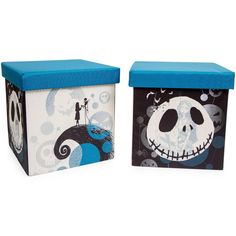 two storage boxes decorated with the faces of jack skellingy and jack skellingy