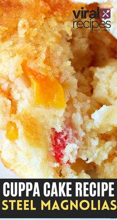 a close up of a piece of cake on a plate with the words cuppa cake recipe