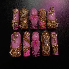 Iconic Nail Designs, Pink Vintage Nails, Gold Maximalist Nails, Big Charm Nails, Pink Maximalist Nails, Brown Bling Nails, Pink And Golden Nails, Juicy Couture Nails, Birthday Nails Sagittarius